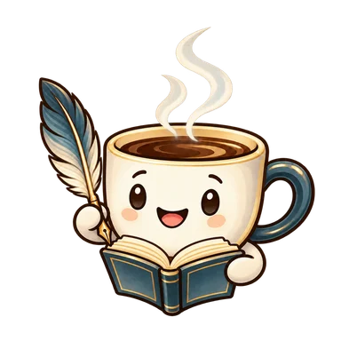 Mocha, uma xícara sorridente com pena e livro aberto